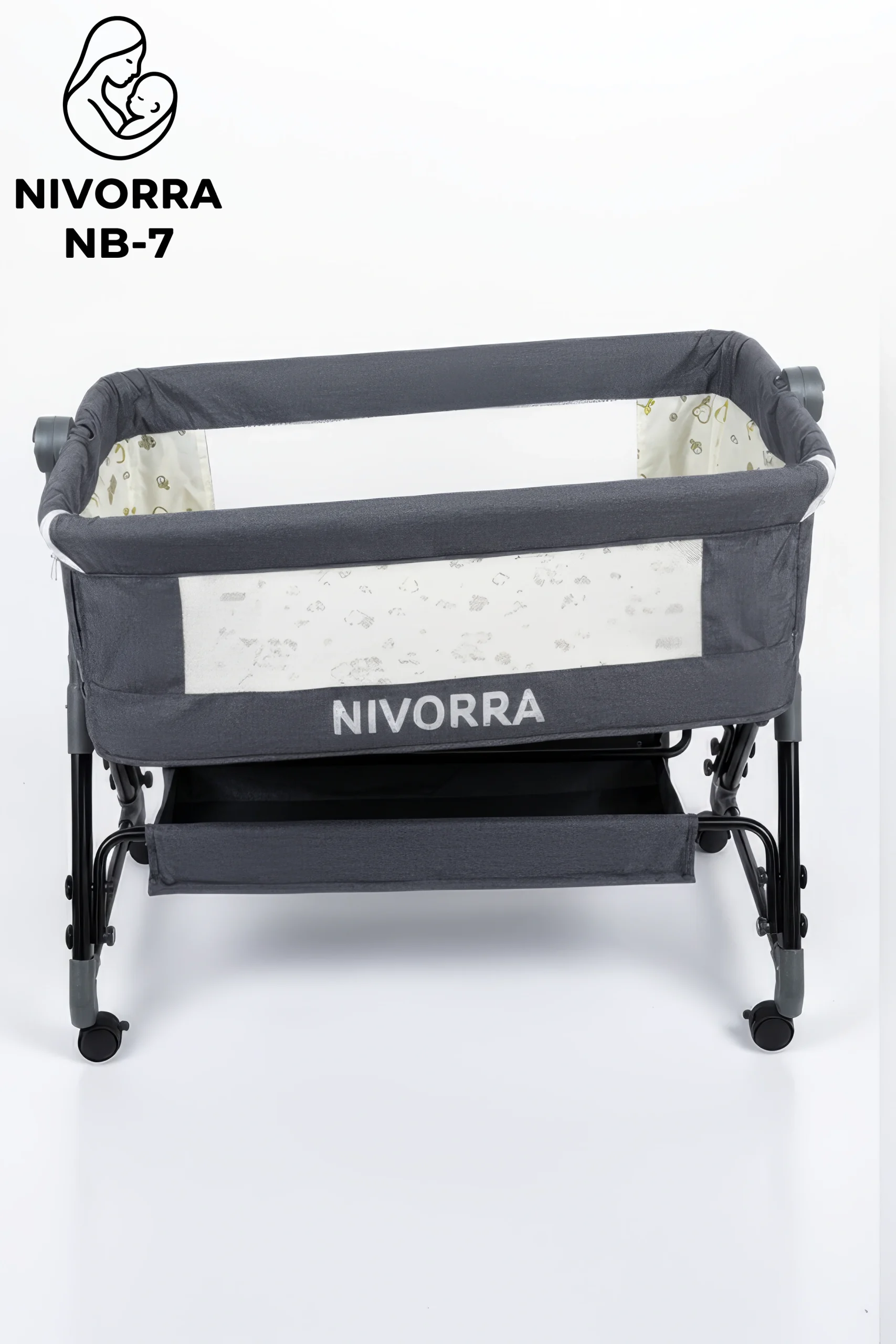 سرير أطفال ومهد جانبي للمواليد NIVORRA، ارتفاع قابل للتعديل مع ناموسية وعجلات متحركة - NB-7 - الصورة 3