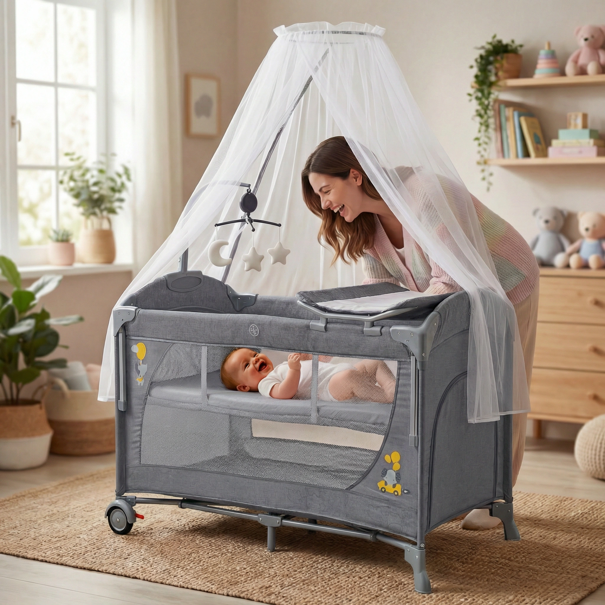 سرير أطفال من ماركة (Cool Baby) متنقل وساحة لعب مع طاولة غيار وناموسية - تصميم قابل للطي بعجلات وجوانب شبكية للتهوية - مهد مواليد متعدد الوظائف - KDD12 - الصورة 2